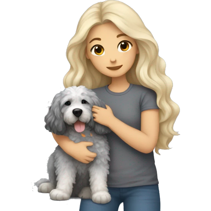 Girl blond long hair cuddling with mixed grey dog bernedoodle emoji