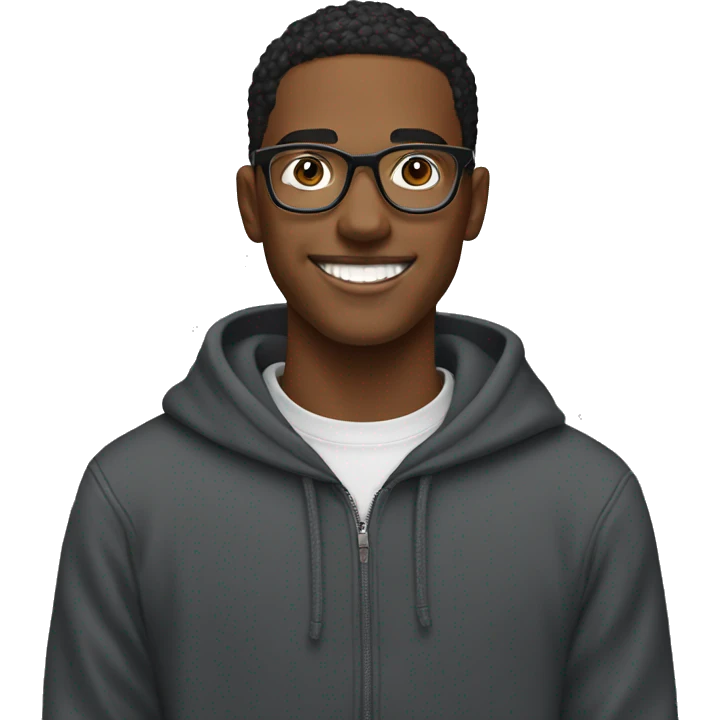 Entrepreneurial 20-year-old boy with black sweatshirt and circular glasses smiling emoji