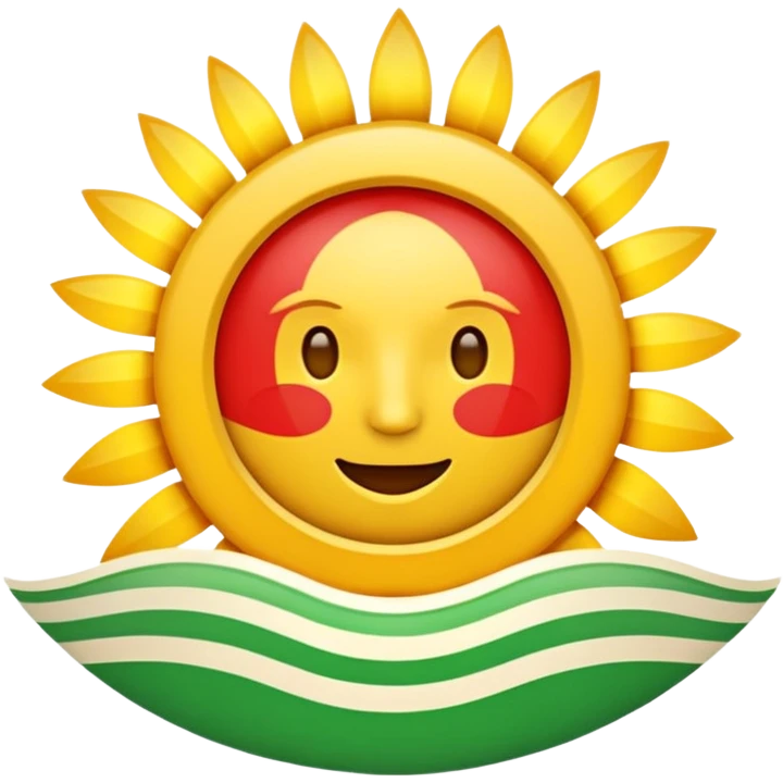 A flat emoji-style icon with three horizontal stripes: red on top, white in the middle, green on the bottom. A bright golden sun in the center with exactly 21 evenly spaced rays. Simple shapes, bold colors, no text, no gradients, transparent background, clean system-emoji look. emoji
