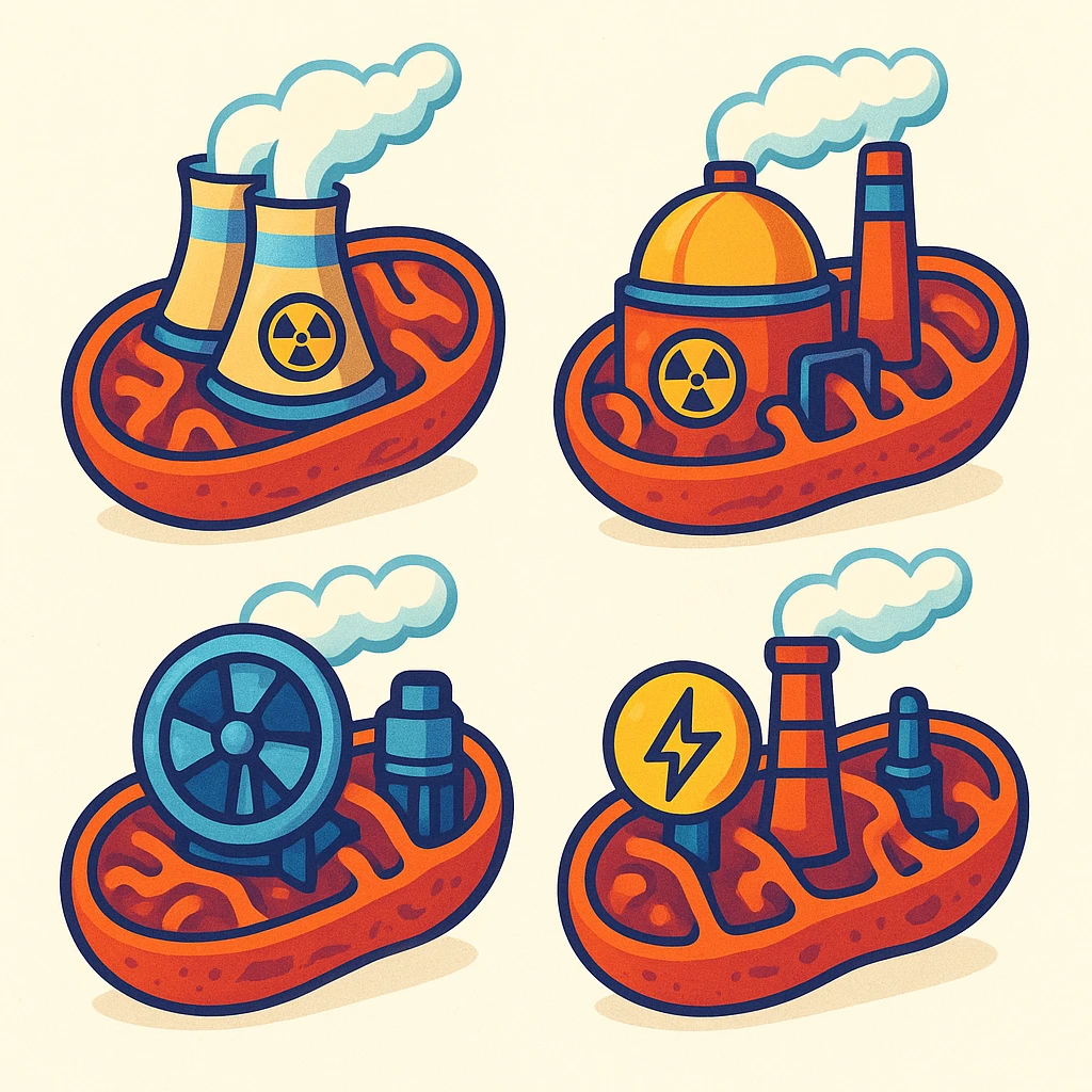stylized mitochondria as nuclear power plants, no organs or biological elements, only mitochondria with energy plant details, turbines, reactors, energy symbols, vibrant colors, light background emoji