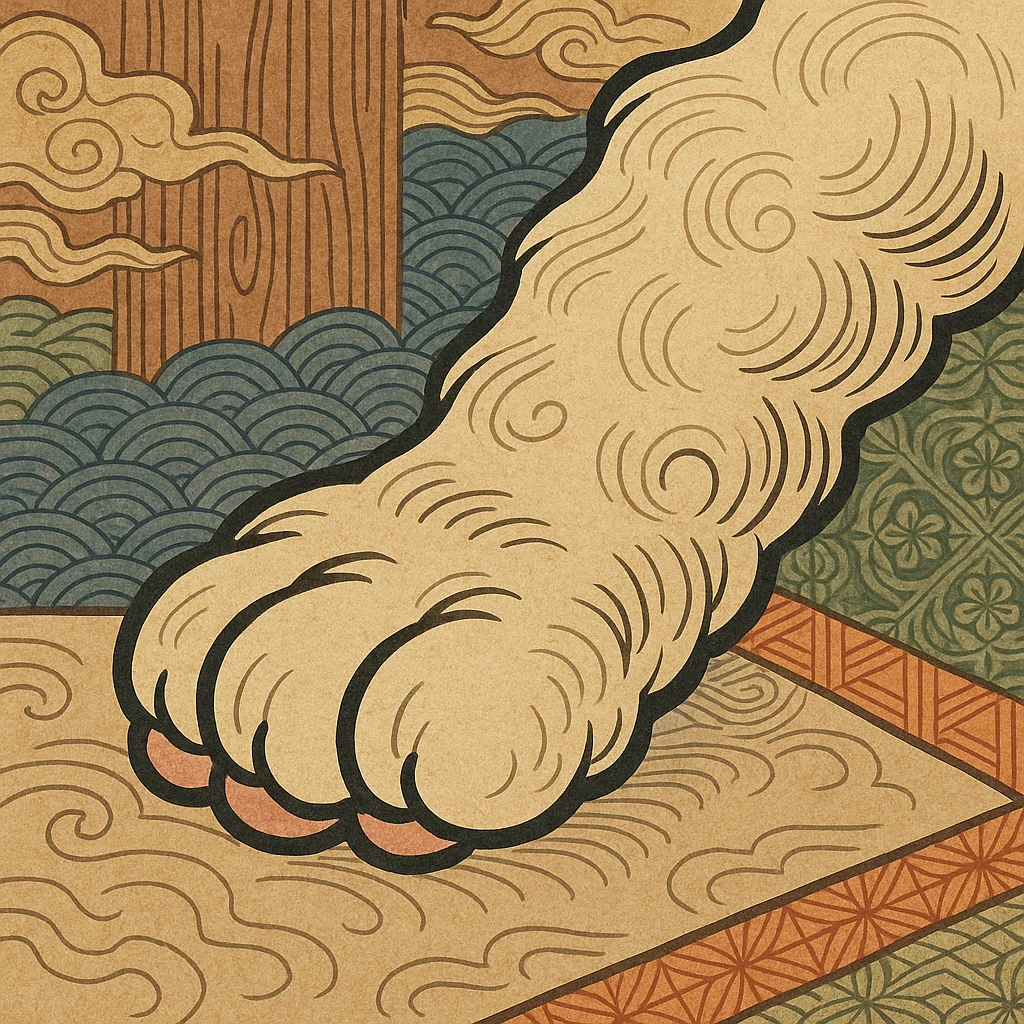 fluffy cat paw, ukiyo-e style, Japanese woodblock print, flowing lines, traditional colors emoji