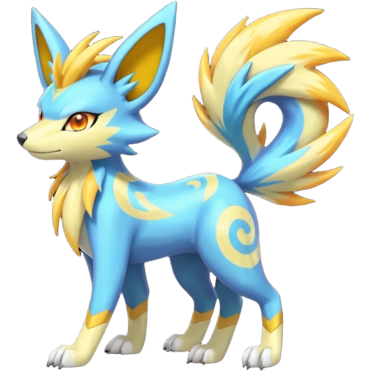 Feral Lightning-patterned Zig-zagged buzzy fuzzy Meloetta-Renamon-Zeraora-Luxray-Cobalion-Suicune-Vernid-fusion-hybrid-creature, full body  emoji
