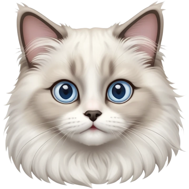 cinematic-adorable-big-eyed-fluffy-ragdoll-cat-portrait-emoji,-head-tilted-playfully-with-a-sweet-expression,-fluffy-white and grey-fur,-simplified-yet-irresistibly-cute-features-with-large,-expression, blue eyed ragdoll cat emoji
