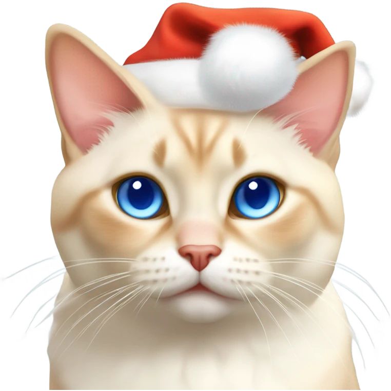 chubby fat, flame point Siamese, short fur, with white fur with orange accents, and blue eyes, smiling, wearing a red santa hat  emoji