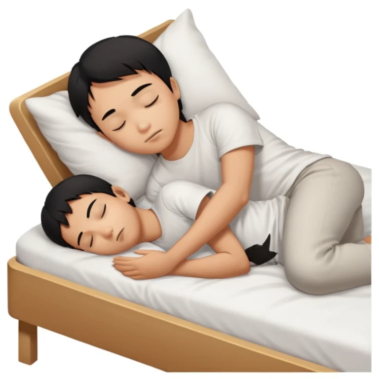 indonesian asian boy black hair wearing white tshirt, is sleeping on white bed emoji