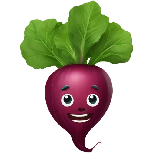 miling beetroot with big expressive eyes, rosy cheeks, and a green leaf on top. Simple and bright design with a cheerful and cartoonish style. emoji
