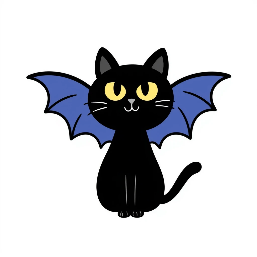 black cat with blue bat wings and glowing yellow eyes emoji