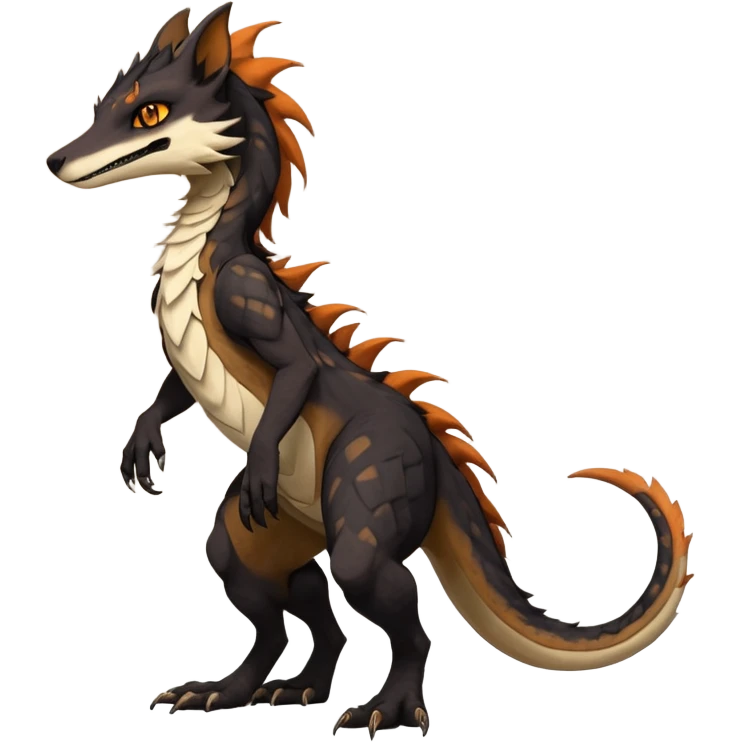 Brown and beige badass elegant wild beautiful natural cute badass epic exotic anthro modern furry 2-legged sergal-vernid-Salandit-creature, full body, dark-brown-black-gradient pretty hair, with a long tufted tail, beautiful hazel-orange eyes, aesthetic, art by LiLaiRa, art by art by Falvie emoji