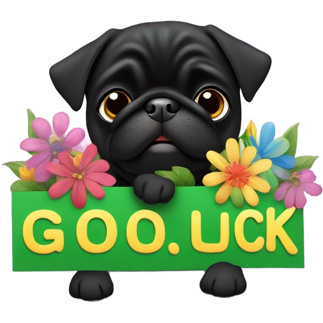 Black pug , surrounded by flowers, holding a green sign that says “good luck”  emoji