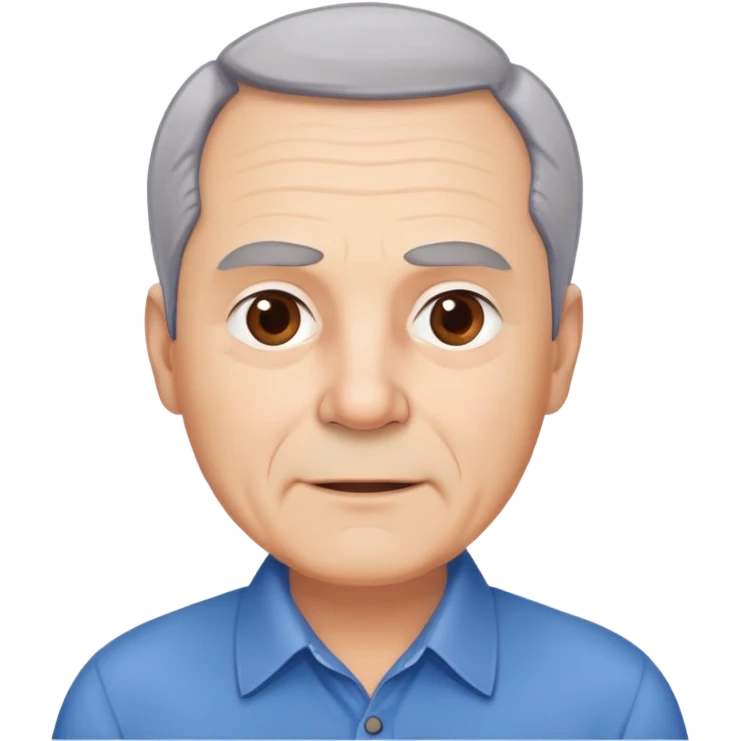 Older man with light complexion in his late 50s, round face, wide jaw, expressive brown eyes, thick eyebrows, short gray hair with visible hairline, friendly expression, wearing blue collared shirt emoji