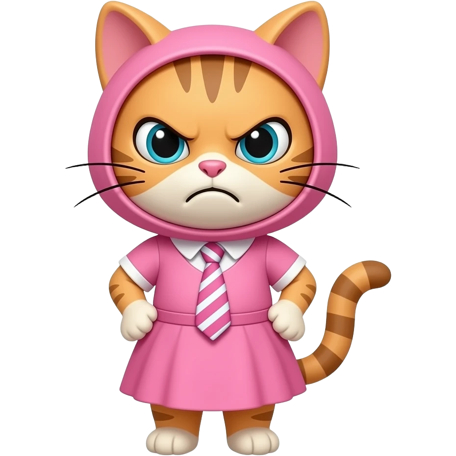 Cartoon mother cat wearing a pink dress and a tie around it's head making a pie angry emoji