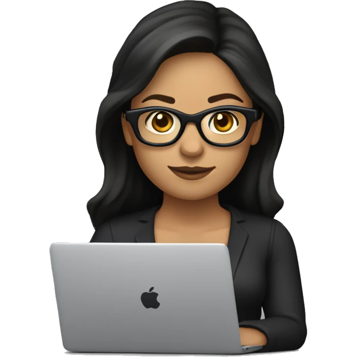 character with lightly tanned fair skin,  She is wearing wayfarer-style glasses with a black upper frame and has small gold hoop earrings. The character is a female IT developer with long,blue eyes. Her dark brown hair She is shown working with a MacBook
 emoji
