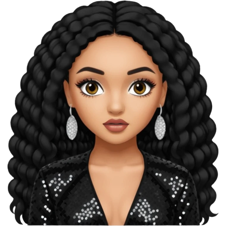 Leigh-Anne Pinnock from Little Mix with long black hair, black sequin outfit emoji