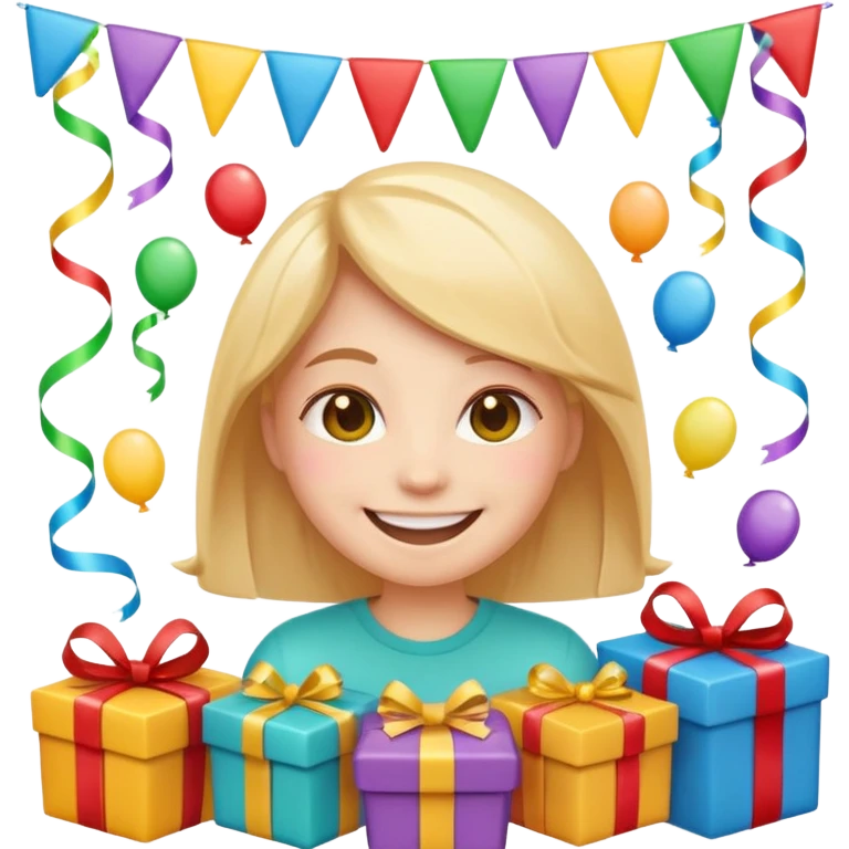 cute emoji character surrounded by gifts and streamers, radiating joy and well-wishes emoji