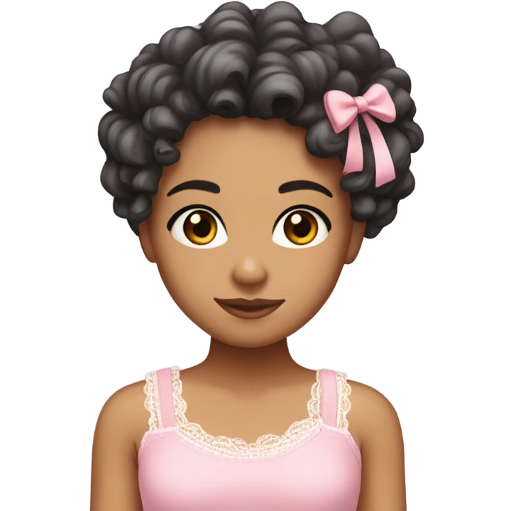 make a teenage girl emoji, mixed race, tan girl, dark grey almost black eye colour, long dark brown curls. Wearing a lace trim baby pink tank top with a small bow. One girl emoji