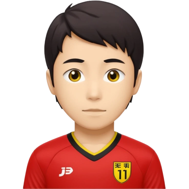 Isagi yoichi con una camisa de mangas negras y adelanté color rojo con bordes de color amarillo que sea una camisa de fútbol emoji