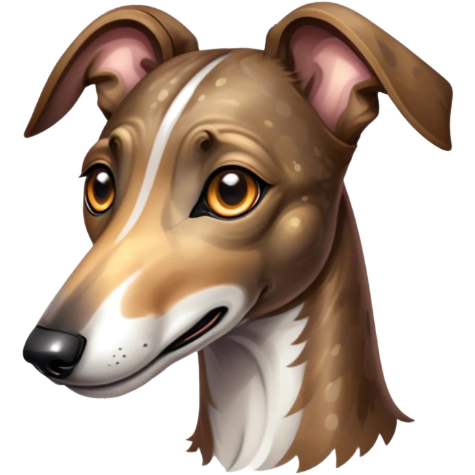 Cinematic Cute Brindle Greyhound Portrait Emoji, Head tilted playfully and inquisitively, featuring a sleek brindle Fur with subtle variations and round, sparkling eyes filled with curiosity, Simplified yet irresistibly adorable features, highly detailed, glowing with a warm, friendly glow, high shine, affectionate and nimble, stylized with a touch of whimsy, bright and endearing, soft glowing outline, capturing the essence of a mischievous yet loving companion, so playful it feels like it could sprint out of the screen and into your arms! emoji