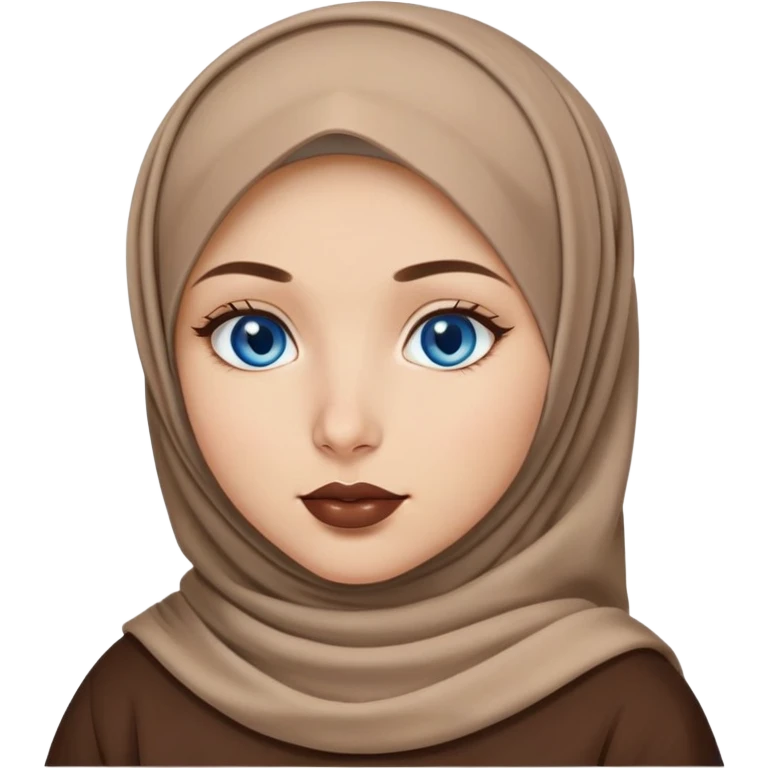 Turkish beautiful finish Konya girl blue eyes with brown beige hijab islamic dress and had on her hand brown color lipstick emoji