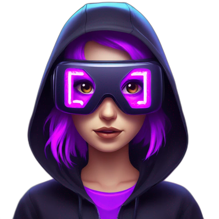 Russian girl wearing black hoody with violet letters "OMG", in vr headset. Cyberpunk style. Violet neon. emoji