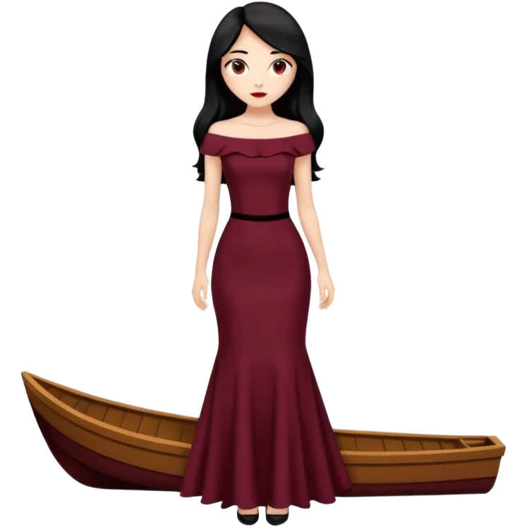 Chica blanca ,ojos marrones, vestido granate muy largo sexy escote tipo barco,  cuerpo entero pelo negro y largo zapatos negros tacon emoji