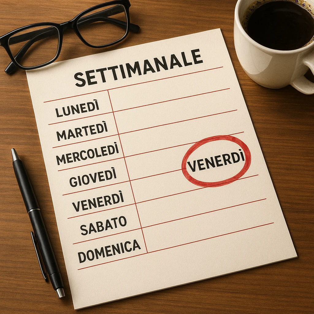 weekly calendar sheet in Italian, days from Monday to Sunday, Friday circled in red, hyperrealistic style, sharp details, desk atmosphere emoji