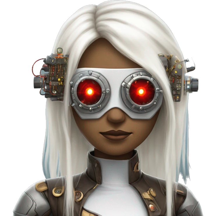 White long hair female cyborg head with red steampunk goggles and circuits emoji