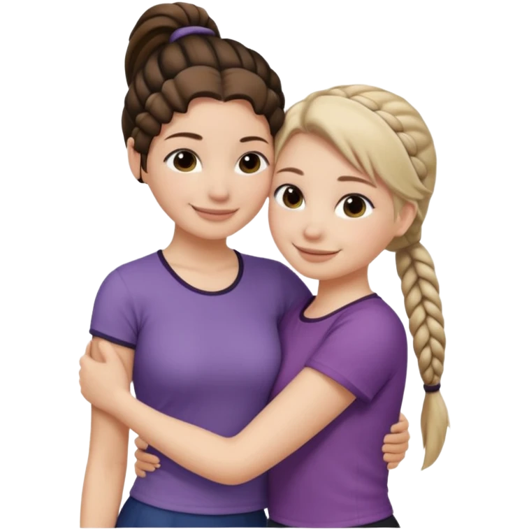 Comforting Hug two white skin women, one shorter woman with medium brown simple top ponytail, not braided, and one taller woman with a single long black side braid emoji