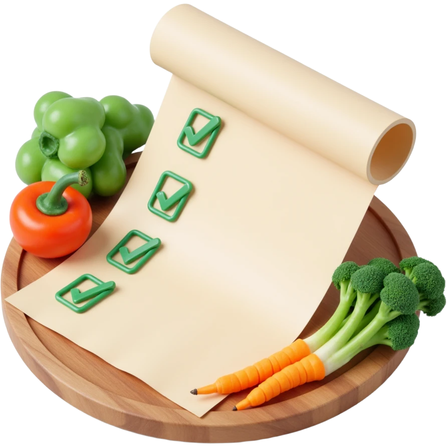 floating rolled paper list with green checkboxes and around vegetables emoji