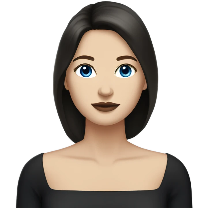 white woman, wearing a black dress and boots, stylish, with straight long mid hair, dark brown hair, blue eyes, round face, uni-lips. emoji