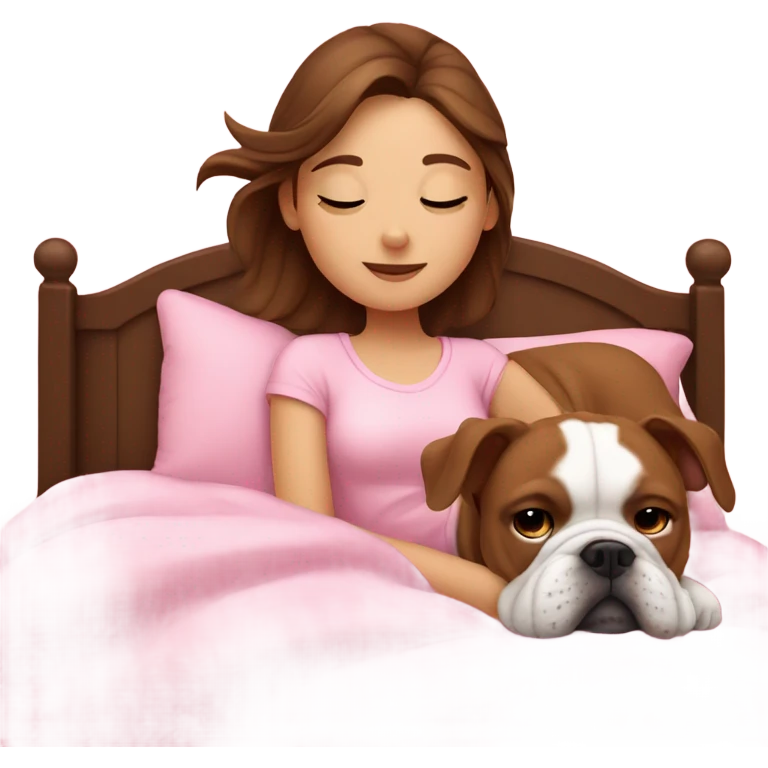  girl in pink bed with brown hair and sleeping bulldog emoji