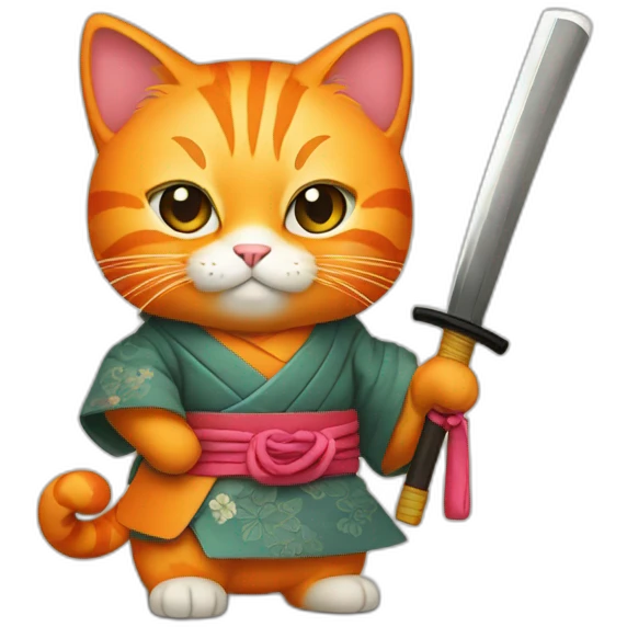orange cat in japanese clothes with katana emoji