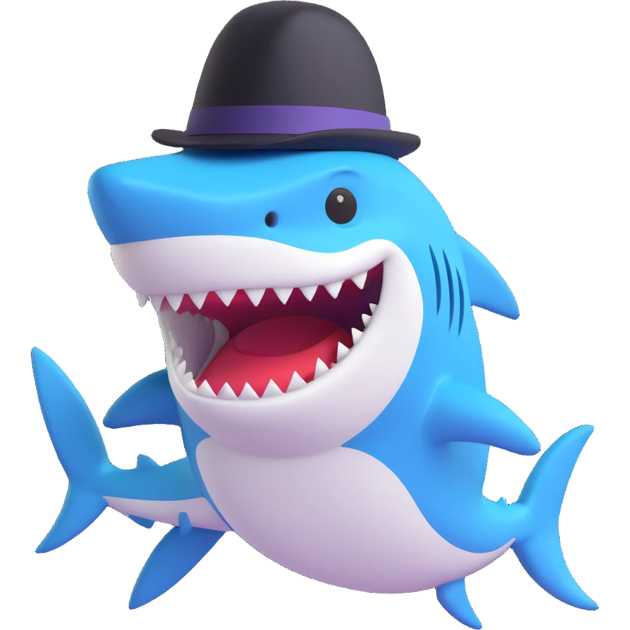 cartoon shark with a black top hat, smiling emoji