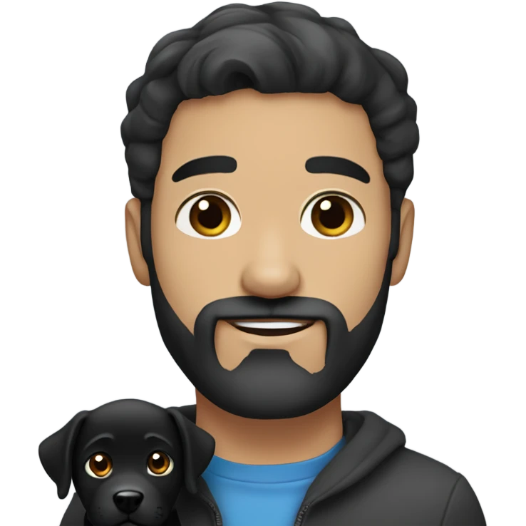 Handsome man with blue eyes black hair and beard holding black Labrador  emoji
