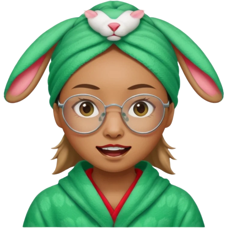 Asian woman who has a big rabbit front teeth wearing a green towel in her head with a broken glasses on her face in red pajamas emoji