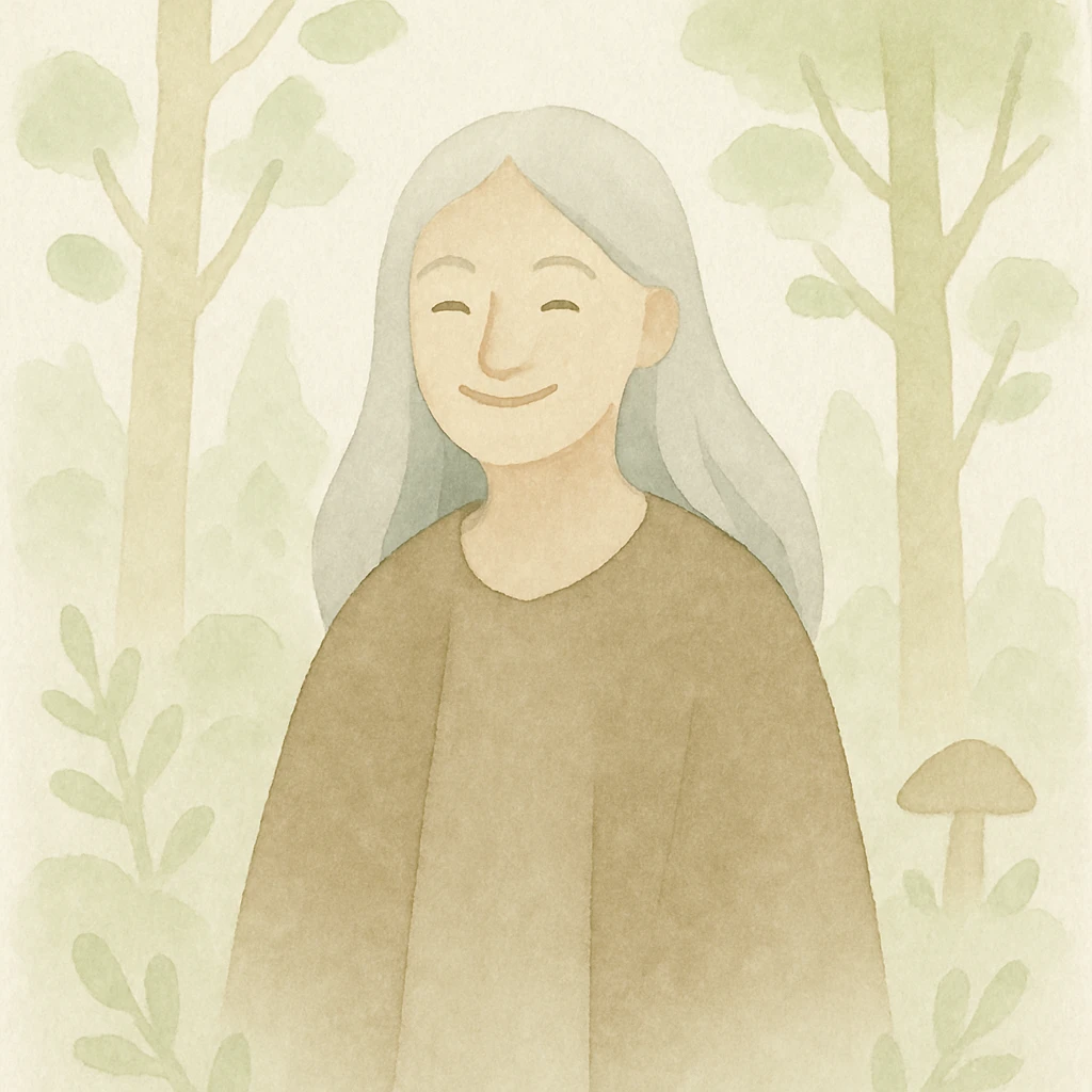 legendary mentor, young smiling woman with long silver hair, in an enchanted forest, watercolor style emoji