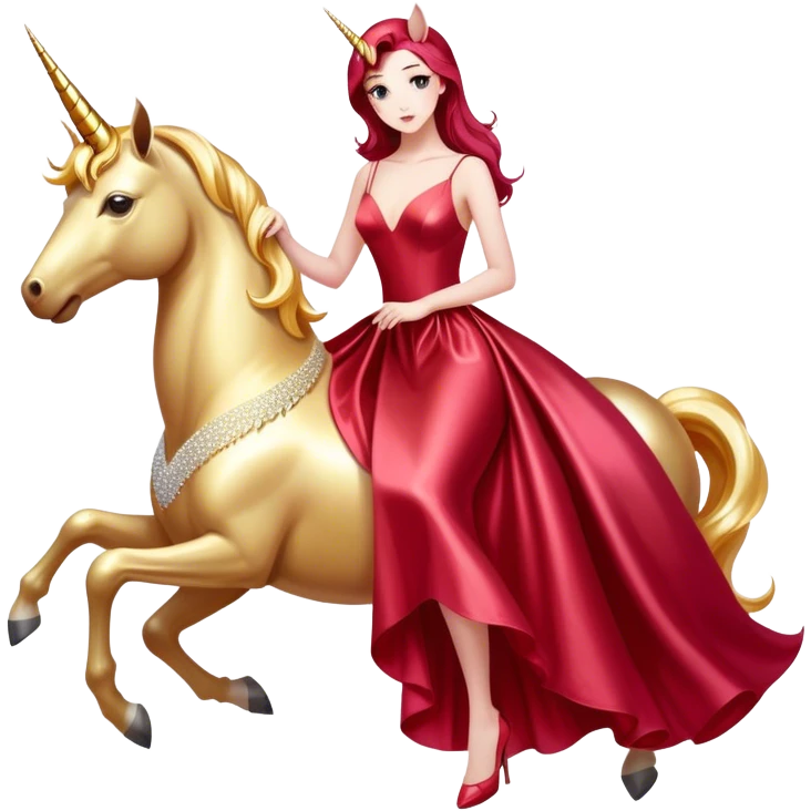 "woman, in long slim pastel red formal party satin dress with gradient shiny sparkling dark red", rides "unicorn gold and white" emoji