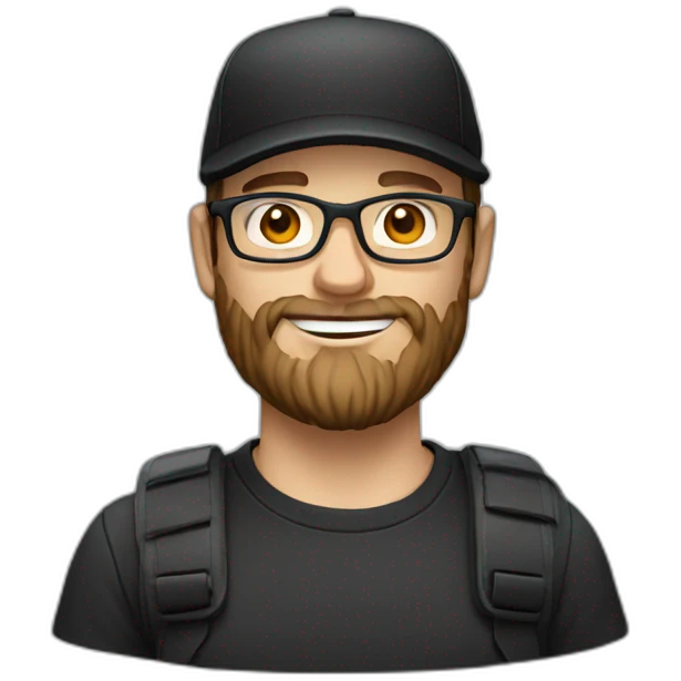 white man wearing a black cap with dark brown beard and glasses emoji