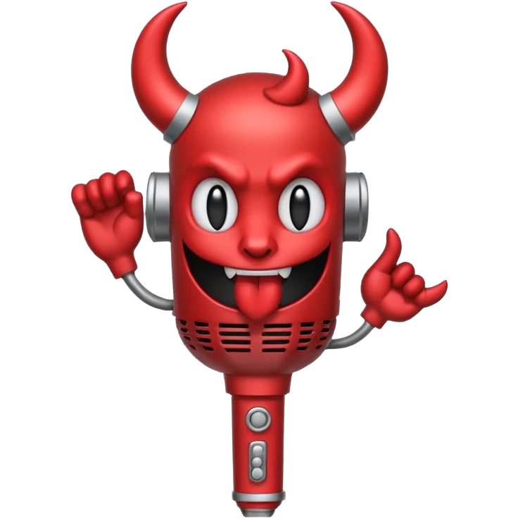 Minimalist emoji-style sticker of a classic retro microphone with small devil horns and a subtle tail wrapping the base. Grayscale with slight red accents.
 emoji