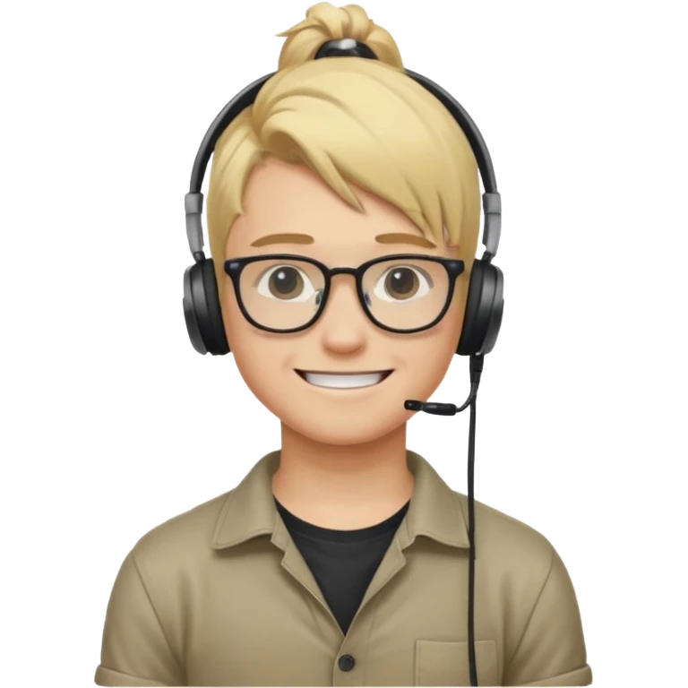 blond hair teen boy pony tail undercut with tattoo on his neck, wearing glasses, strong built, smile warmly with headphone emoji