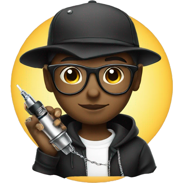 black cap, hoodie, and glasses boy  holding tattoo machine emoji