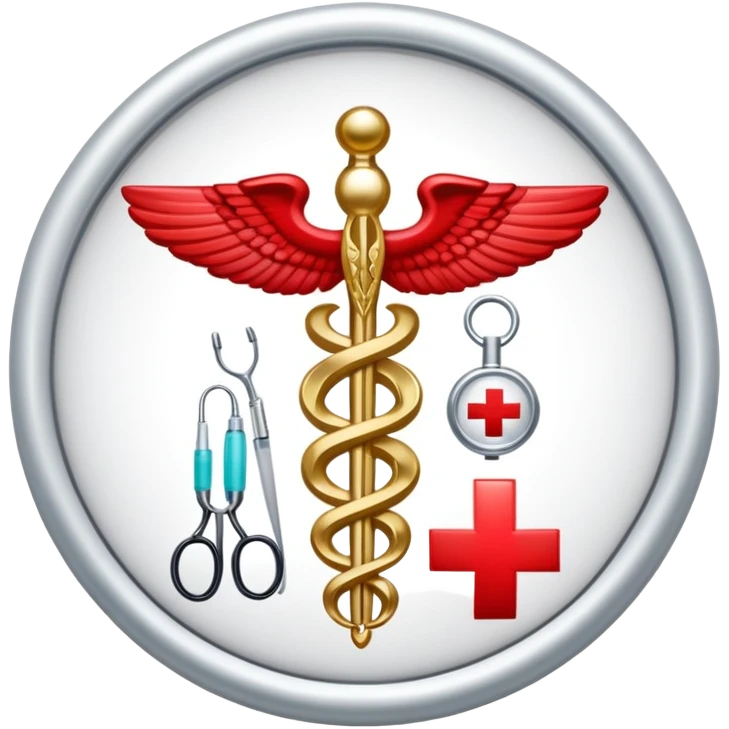 An icon featuring a caduceus (The Hygeia Vessel), a red cross, symbolizing medicine. The design includes medical tools and symbols, representing healthcare, diagnosis, and healing practices. Transparent background highlights the profession and study of medicine. emoji