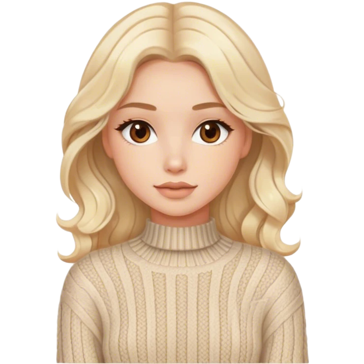 Luxury blonde model, brown eyes, sleek wavy beige-blonde hair, cozy cable knit sweater emoji