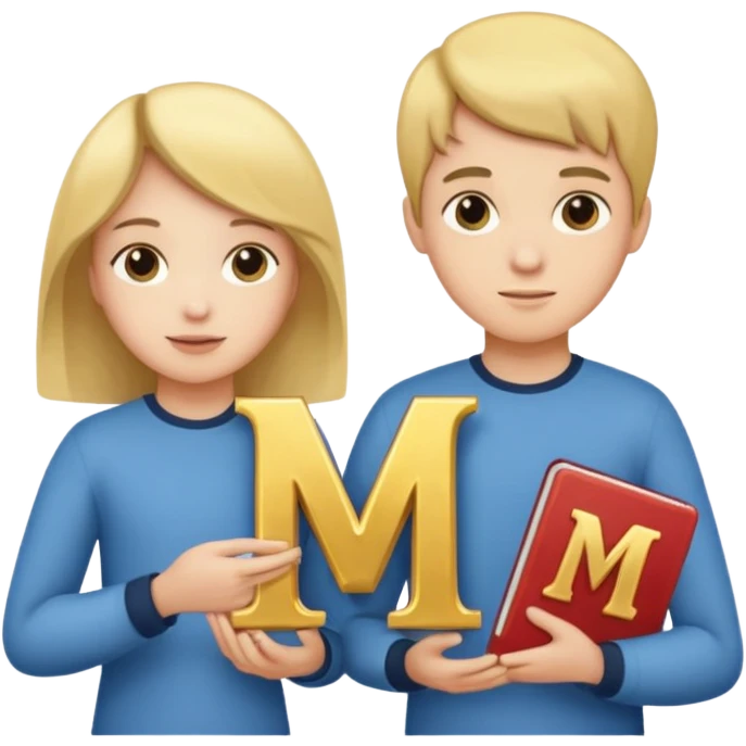 Create two letters, N and Y, in the shape of sisters. Create an image of a boy holding the letter N and a girl holding the letter M  emoji