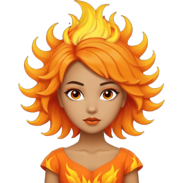 A girl tan skin face emoji with skin head hair styled, dramatic makeup and an orange flame-themed dress. emoji