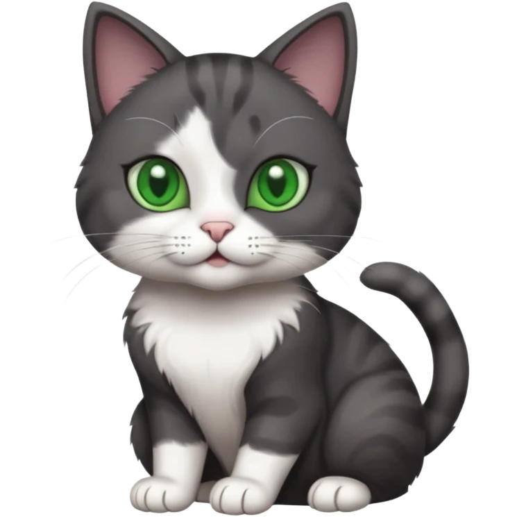beautiful female solid dark grey cat with green eyes, white toes/paws and white patch on her chest playing emoji