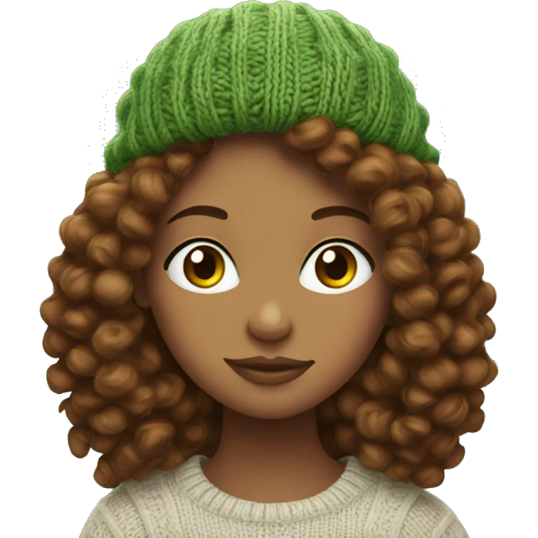 Green eyed Girl with brown curly hair knitting a beanie emoji