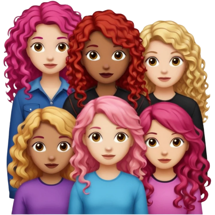 5 girlsone curly redhead, one with brunette dyed blonde hair, one long haired wavy brunette, one mid-length haired brunette, and one black haired girl with partially dyed bright red/pink hair emoji