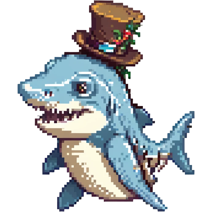 A pixel art style image of a shark wearing a top hat, facing right. emoji