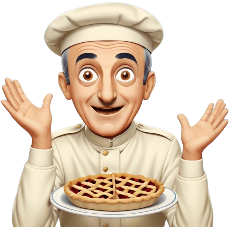 Icon for Comedy Movie: A vintage movie poster-style design with a humorous scene—Louis de Funès in his iconic comedic pose, exaggerated facial expression, and wide-open eyes. Include a slapstick element like falling over or interacting with a funny prop. Retro cinematic feel. Transparent background. emoji