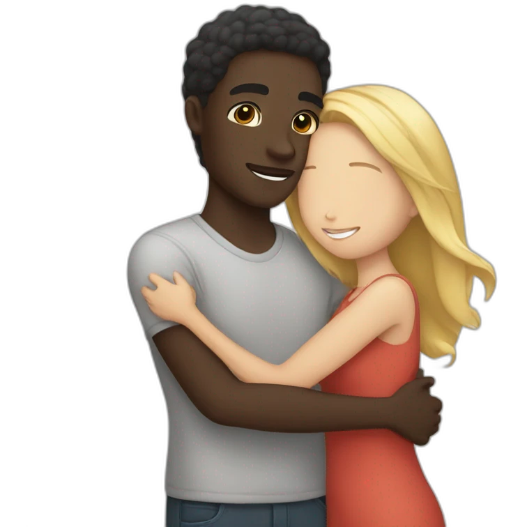 Girl with light skin hugging guy with dark skin  emoji